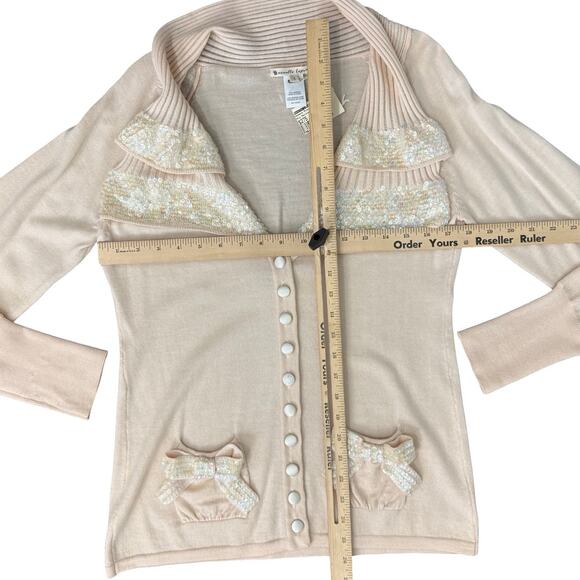 Nanette Lepore Blush Pink Sequin Collar Button Up Merino Wool Cardigan sz L NEW - Picture 2 of 11